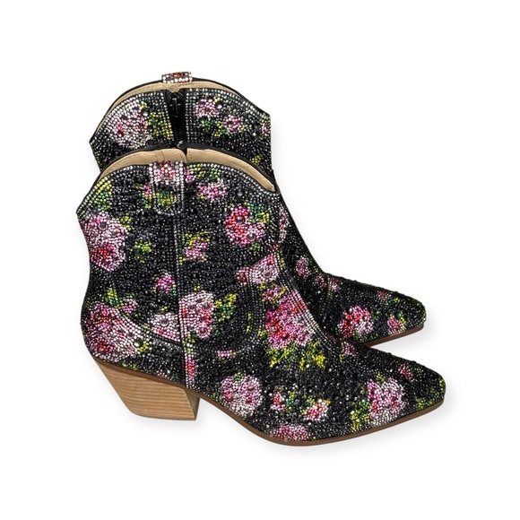 new Betsey Johnson ✿ Diva Crystal Floral Chelsea Ankle Cowboy Boot ✿ Black 8.5M - Picture 3 of 16